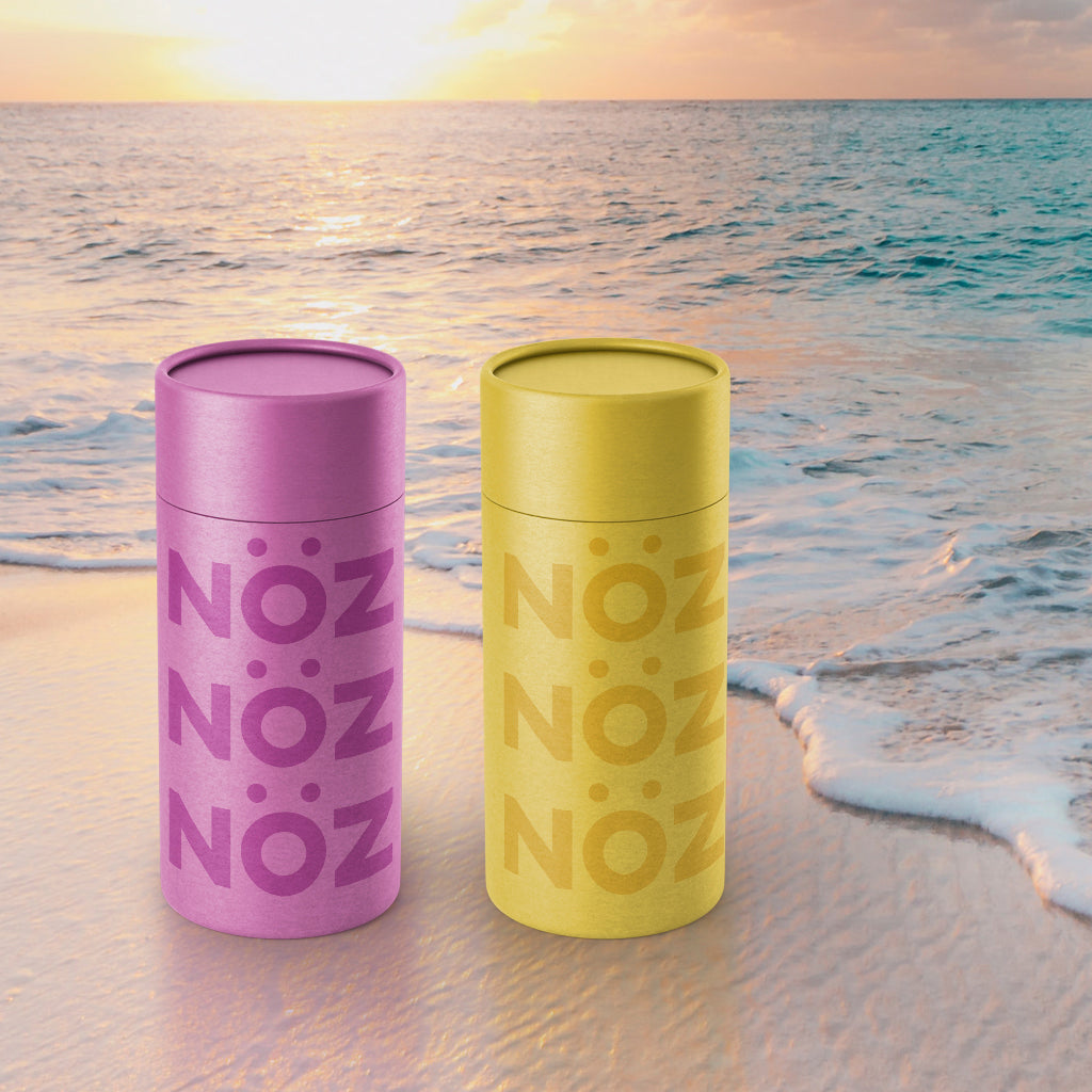 Front view of the purple and yellow Noz sunscreen in front of an ocean